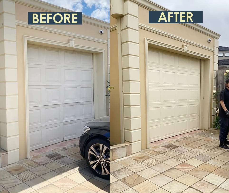 Before and after garage door transformation on a Melbourne home